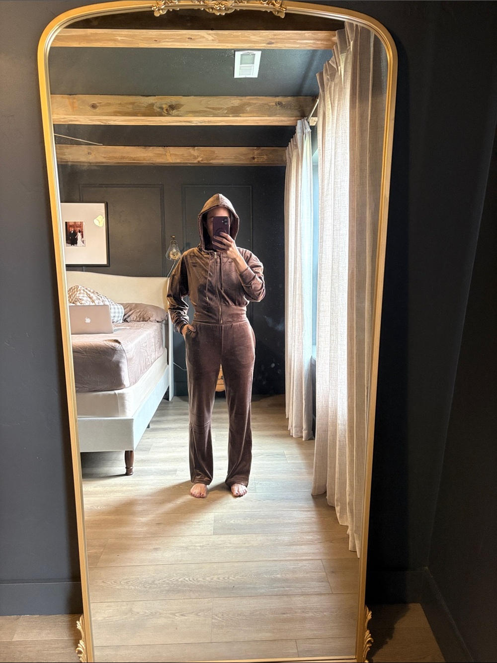 Zenana Plush Hooded Velour Set - Brown